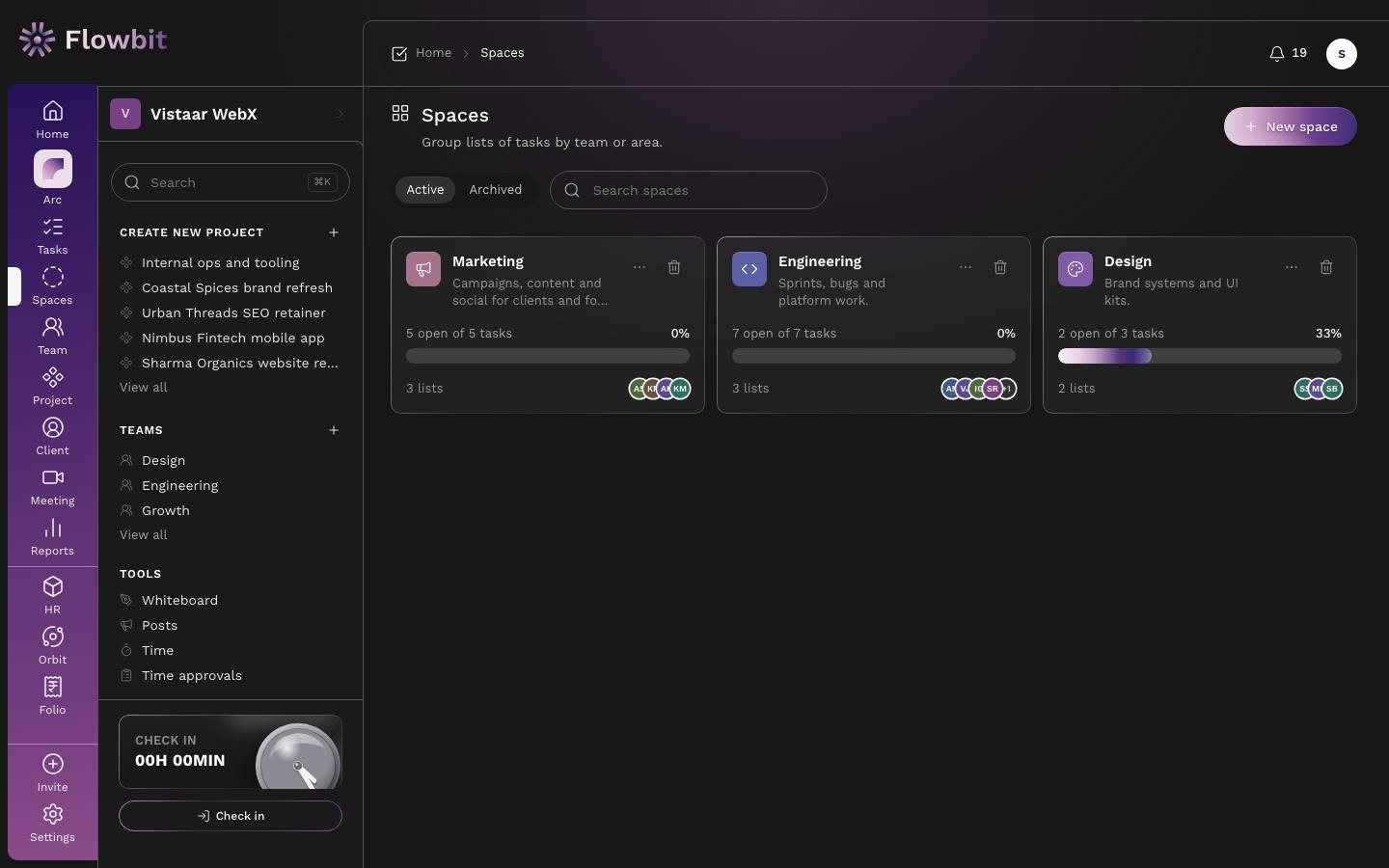 Spaces page with Active and Archived tabs, a search box and cards for Marketing, Engineering and Design showing open tasks, progress and members