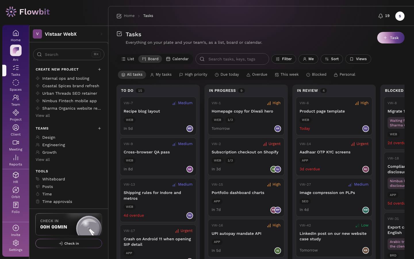 Tasks page in Board view with columns To do, In progress, In review and Blocked, quick filters along the top and task cards showing key, priority, project code and due label