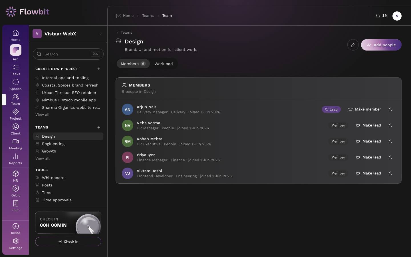 Design team page with Members and Workload tabs, a member list with Lead badge, Make lead and Make member buttons, and Add people