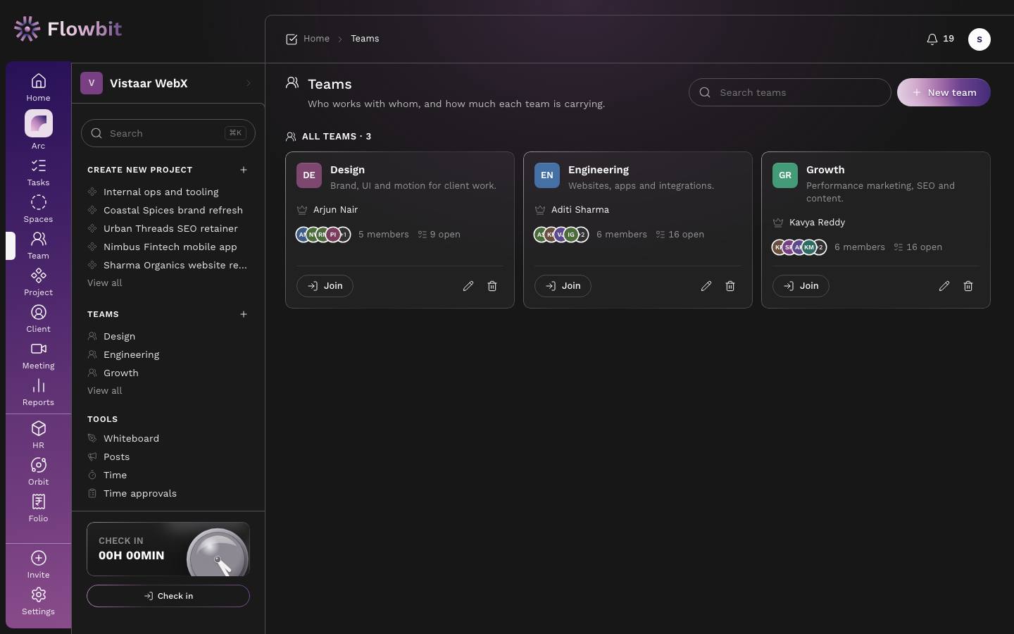 Teams page listing Design, Engineering and Growth cards with lead, member count, open tasks and Join button