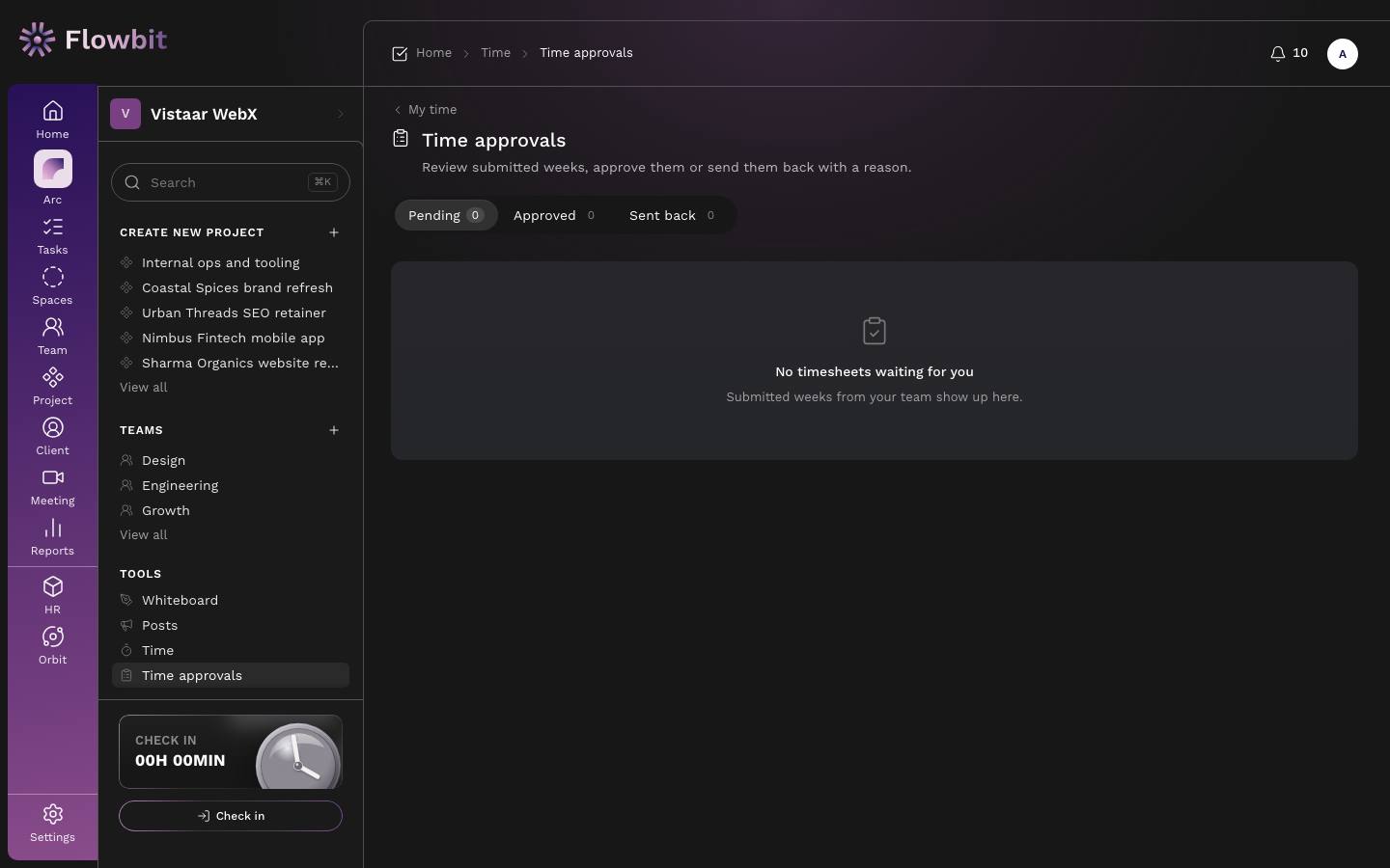 Time approvals page with Pending, Approved and Sent back tabs and the empty state No timesheets waiting for you
